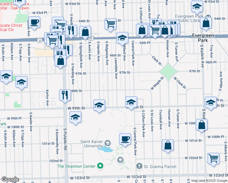 map of restaurants, bars, coffee shops, grocery stores, and more near 9800 Lawndale Avenue in Evergreen Park
