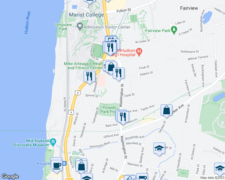 map of restaurants, bars, coffee shops, grocery stores, and more near 188 Washington Street in Poughkeepsie