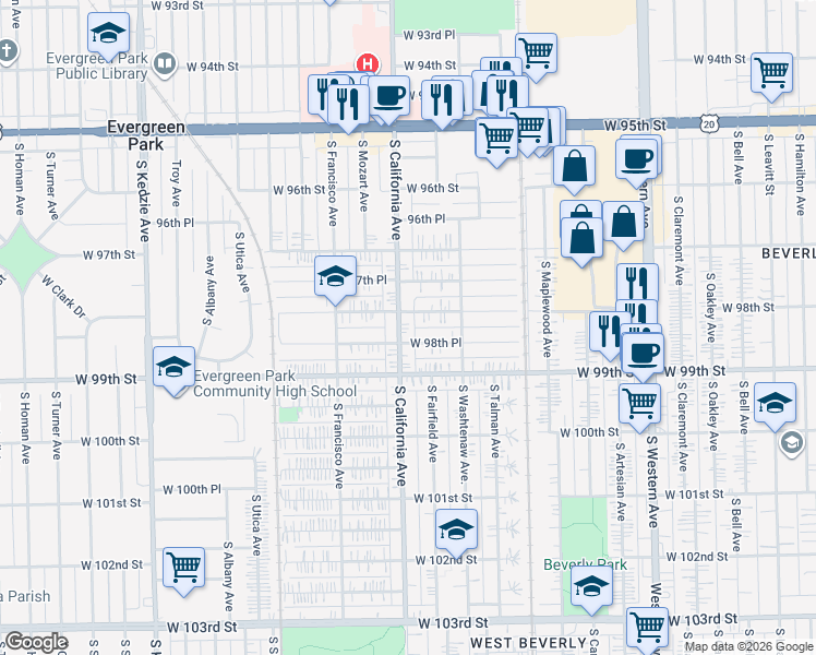 map of restaurants, bars, coffee shops, grocery stores, and more near 9809 South California Avenue in Evergreen Park