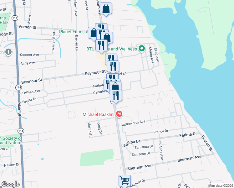 map of restaurants, bars, coffee shops, grocery stores, and more near 651 Rhode Island 136 in Warren