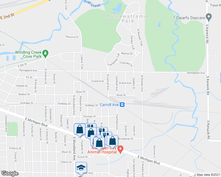 map of restaurants, bars, coffee shops, grocery stores, and more near 623 North Carroll Avenue in Michigan City