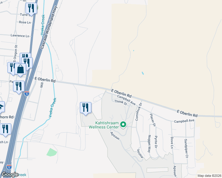 map of restaurants, bars, coffee shops, grocery stores, and more near 701-739 East Oberlin Road in Yreka