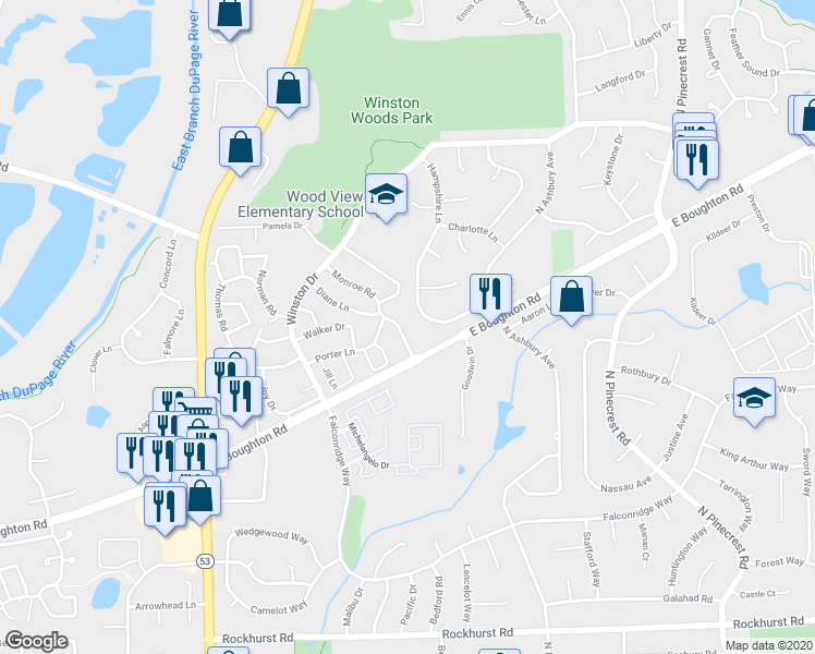 map of restaurants, bars, coffee shops, grocery stores, and more near 516 Monroe Road in Bolingbrook