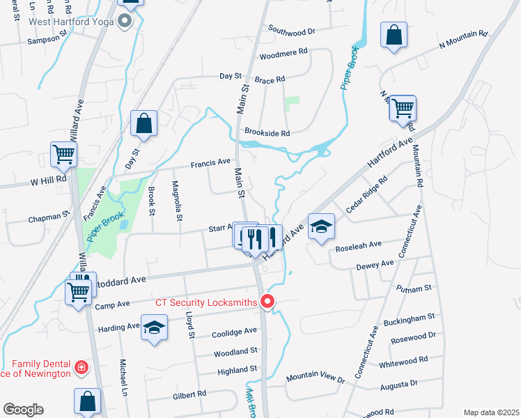 map of restaurants, bars, coffee shops, grocery stores, and more near 115 Moylan Court in Newington