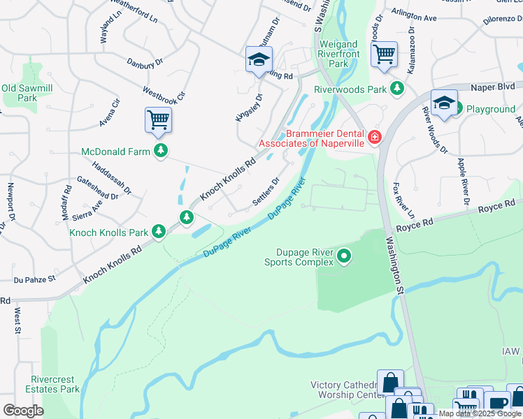 map of restaurants, bars, coffee shops, grocery stores, and more near 132 Settlers Drive in Naperville