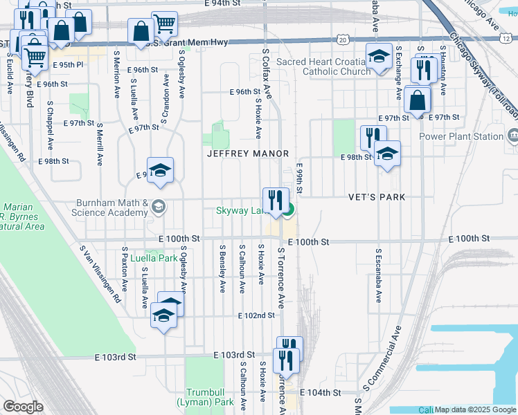 map of restaurants, bars, coffee shops, grocery stores, and more near 9910 South Hoxie Avenue in Chicago