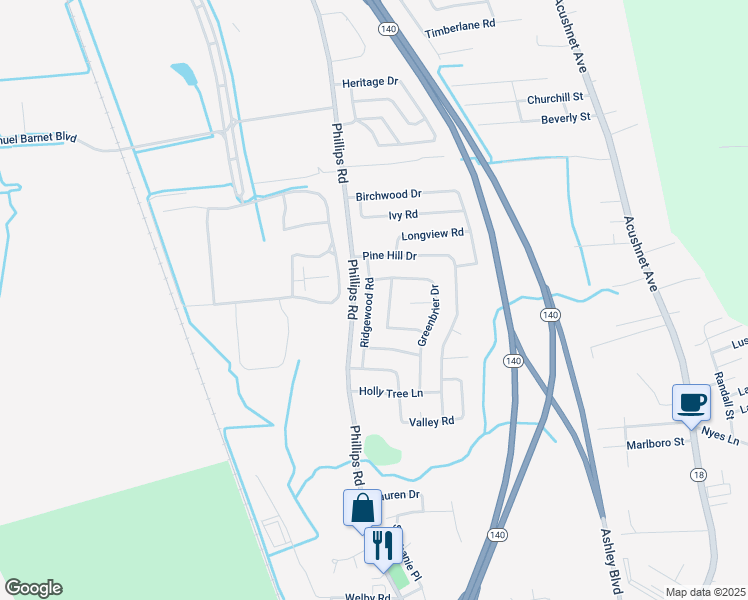 map of restaurants, bars, coffee shops, grocery stores, and more near 78 Ridgewood Road in New Bedford