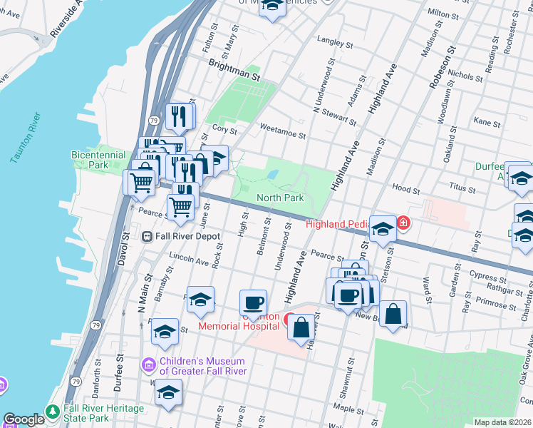 map of restaurants, bars, coffee shops, grocery stores, and more near 539 President Avenue in Fall River