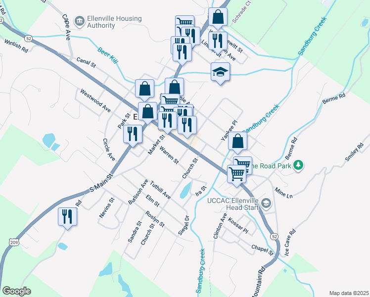 map of restaurants, bars, coffee shops, grocery stores, and more near 105 Center Street in Ellenville