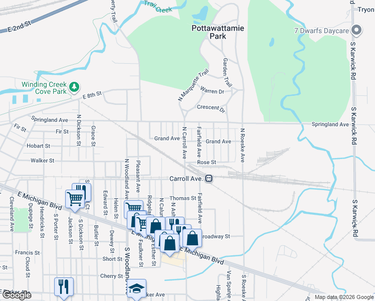 map of restaurants, bars, coffee shops, grocery stores, and more near 623 North Carroll Avenue in Michigan City