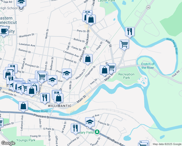 map of restaurants, bars, coffee shops, grocery stores, and more near 85 Chapman Street in Windham