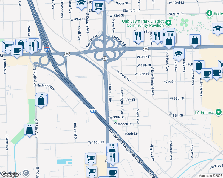 map of restaurants, bars, coffee shops, grocery stores, and more near 9715 Illinois 43 in Chicago Ridge