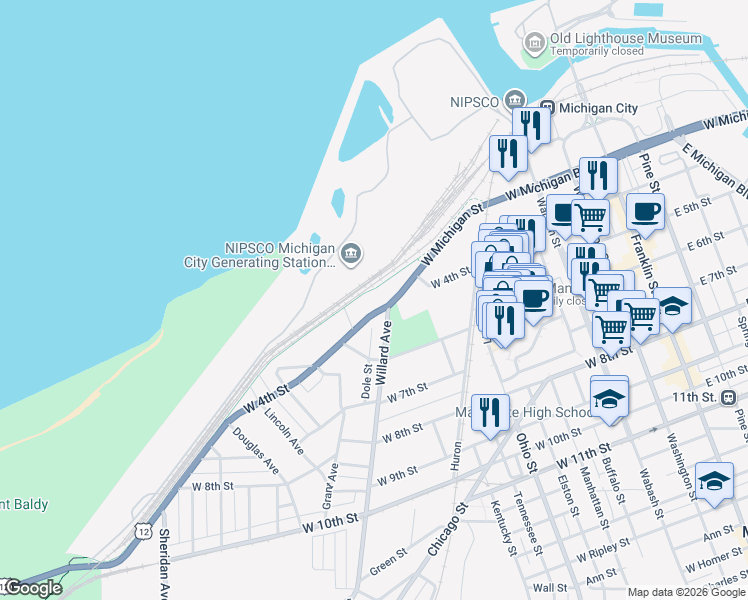 map of restaurants, bars, coffee shops, grocery stores, and more near 707 West 4th Street in Michigan City