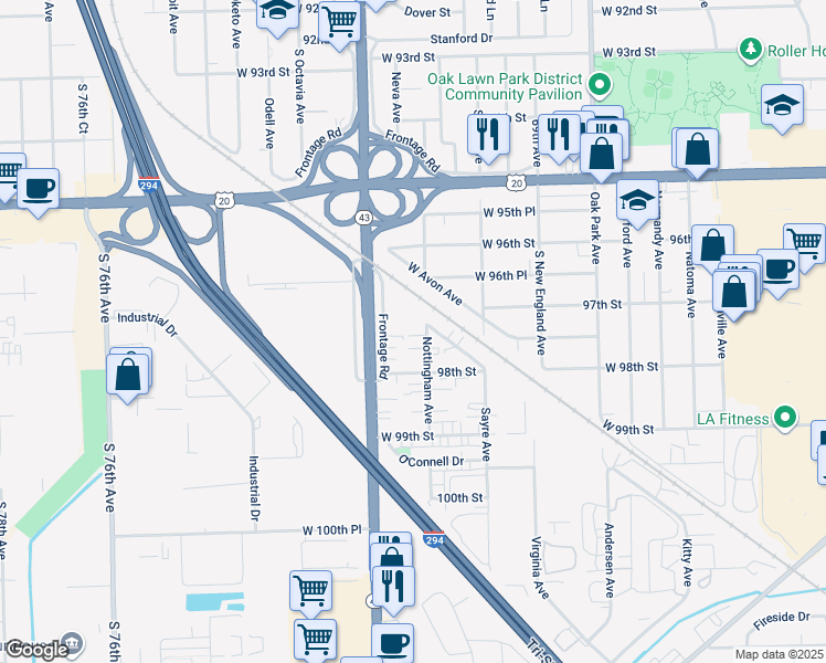 map of restaurants, bars, coffee shops, grocery stores, and more near 9700 Nottingham Avenue in Chicago Ridge