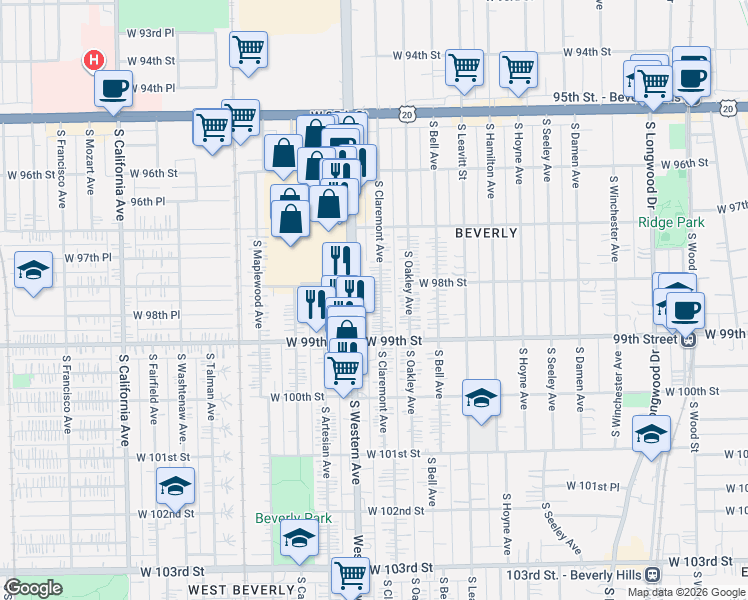 map of restaurants, bars, coffee shops, grocery stores, and more near 9812 South Claremont Avenue in Chicago
