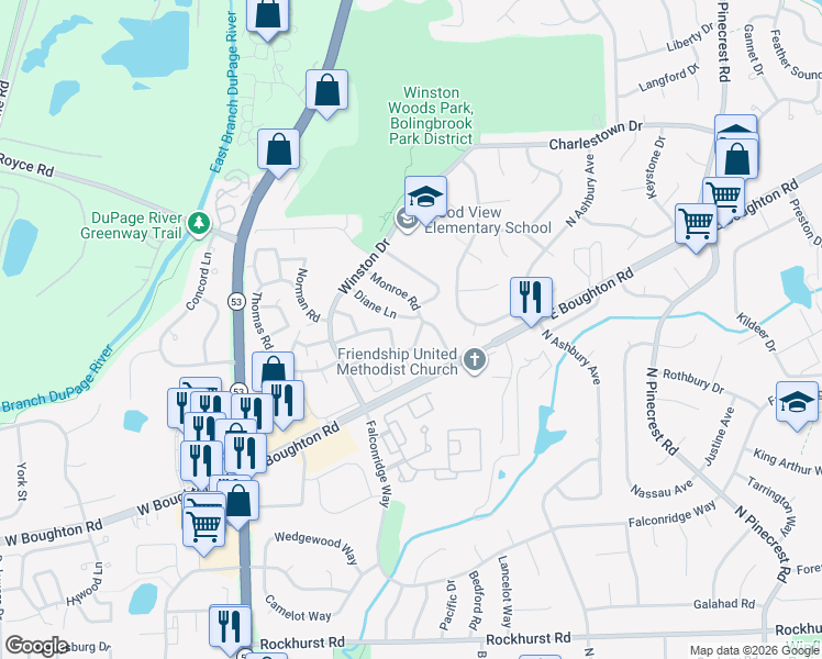 map of restaurants, bars, coffee shops, grocery stores, and more near 540 Porter Lane in Bolingbrook