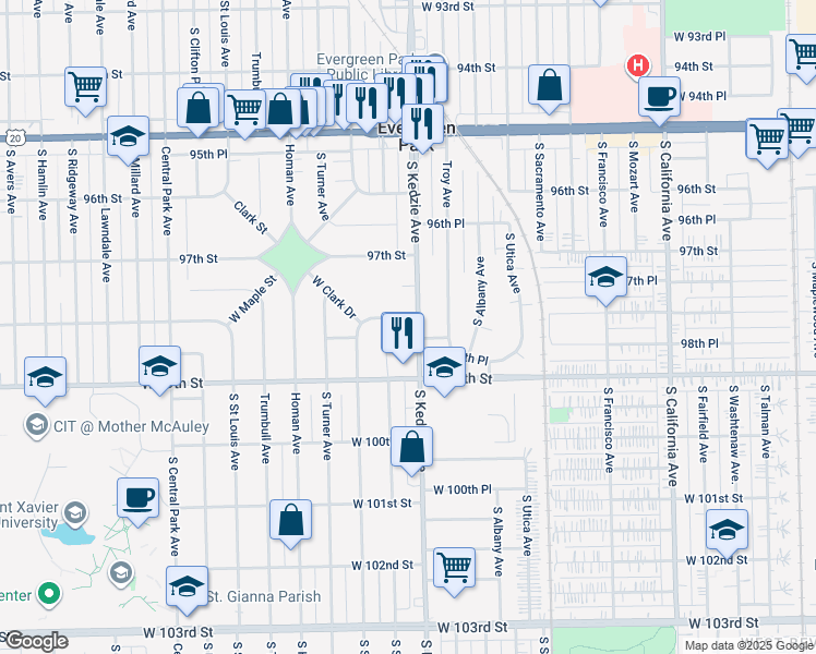 map of restaurants, bars, coffee shops, grocery stores, and more near 9802 South Kedzie Avenue in Evergreen Park