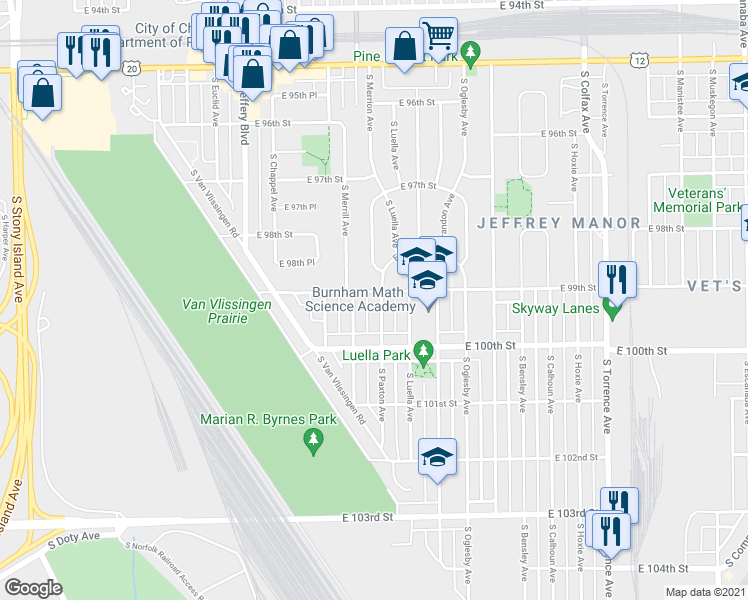 map of restaurants, bars, coffee shops, grocery stores, and more near 9906 South Paxton Avenue in Chicago