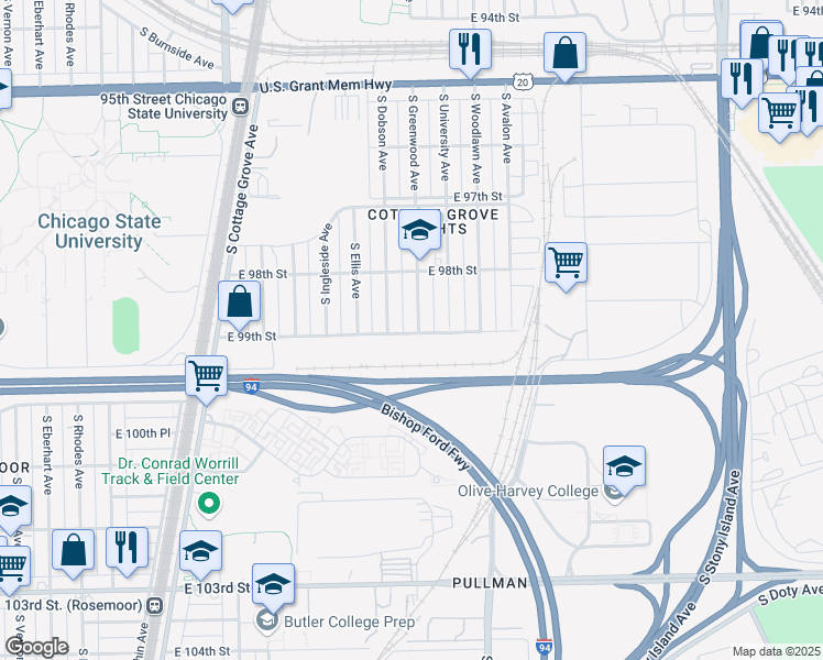 map of restaurants, bars, coffee shops, grocery stores, and more near 9858 South Greenwood Avenue in Chicago