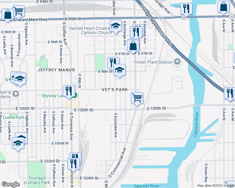 map of restaurants, bars, coffee shops, grocery stores, and more near 9911 South Escanaba Avenue in Chicago