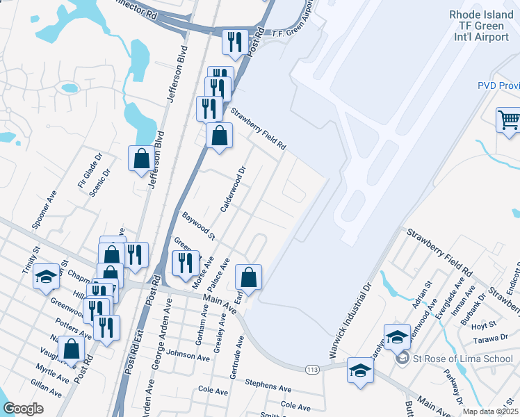 map of restaurants, bars, coffee shops, grocery stores, and more near 106 Palace Avenue in Warwick