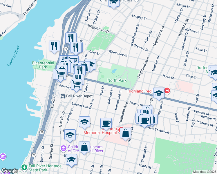 map of restaurants, bars, coffee shops, grocery stores, and more near 1005 High Street in Fall River