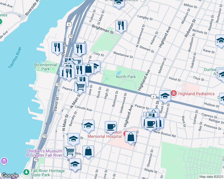map of restaurants, bars, coffee shops, grocery stores, and more near 1005 High Street in Fall River