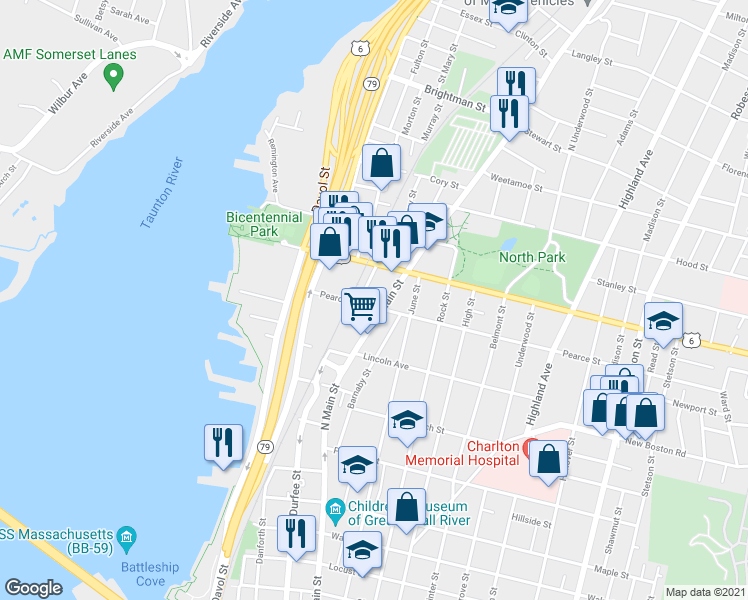 map of restaurants, bars, coffee shops, grocery stores, and more near 140 Pearce Street in Fall River
