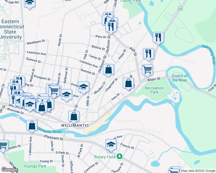 map of restaurants, bars, coffee shops, grocery stores, and more near 85 Chapman Street in Windham