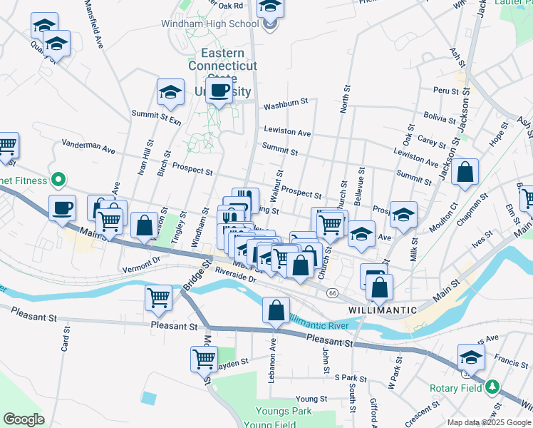 map of restaurants, bars, coffee shops, grocery stores, and more near 88 Spring Street in Windham