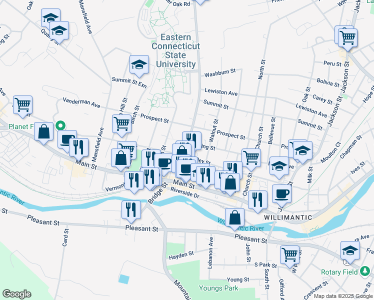 map of restaurants, bars, coffee shops, grocery stores, and more near Valley Street in Windham