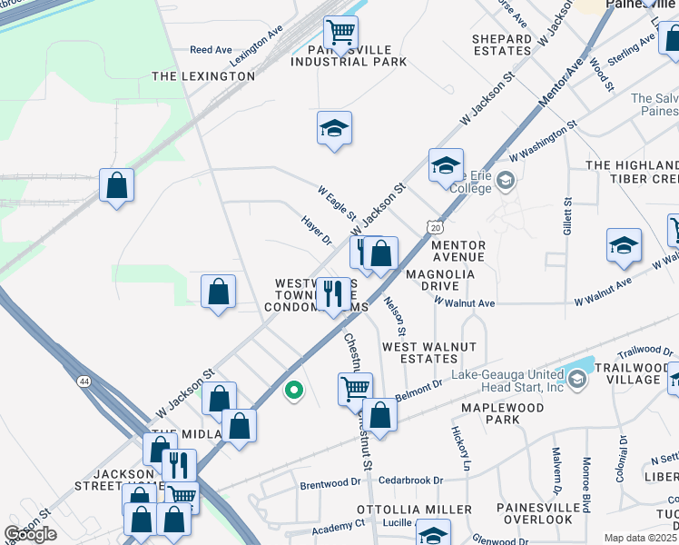 map of restaurants, bars, coffee shops, grocery stores, and more near 707 West Jackson Street in Painesville