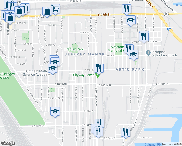 map of restaurants, bars, coffee shops, grocery stores, and more near 9910 South Hoxie Avenue in Chicago