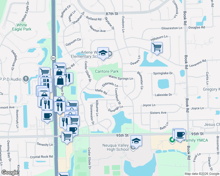 map of restaurants, bars, coffee shops, grocery stores, and more near 2715 Glenwood Court in Naperville