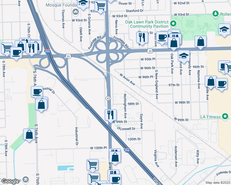 map of restaurants, bars, coffee shops, grocery stores, and more near 9715 South Harlem Avenue in Chicago Ridge