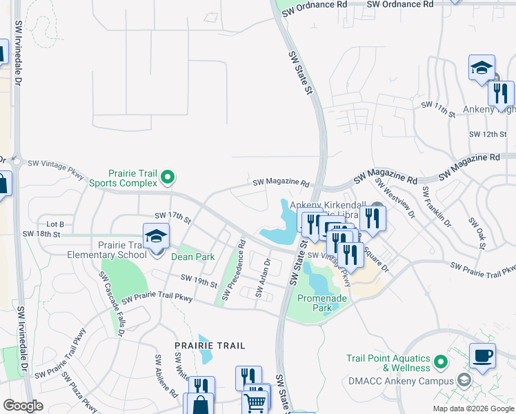 map of restaurants, bars, coffee shops, grocery stores, and more near 1850 Southwest Vera Cruz Lane in Ankeny