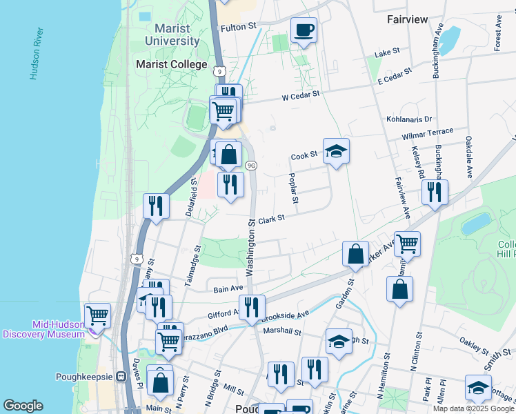map of restaurants, bars, coffee shops, grocery stores, and more near 195 Washington Street in Poughkeepsie