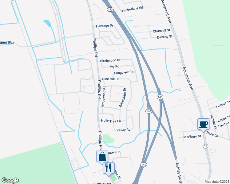map of restaurants, bars, coffee shops, grocery stores, and more near 31 Greenbrier Court in New Bedford