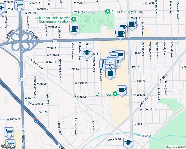map of restaurants, bars, coffee shops, grocery stores, and more near 9720 Natoma Avenue in Oak Lawn