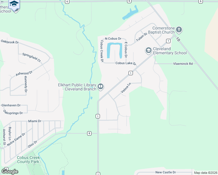 map of restaurants, bars, coffee shops, grocery stores, and more near 53657 County Road 1 in Elkhart