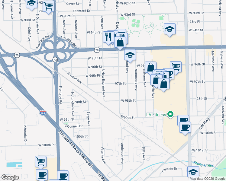 map of restaurants, bars, coffee shops, grocery stores, and more near 6818 97th Place in Chicago Ridge
