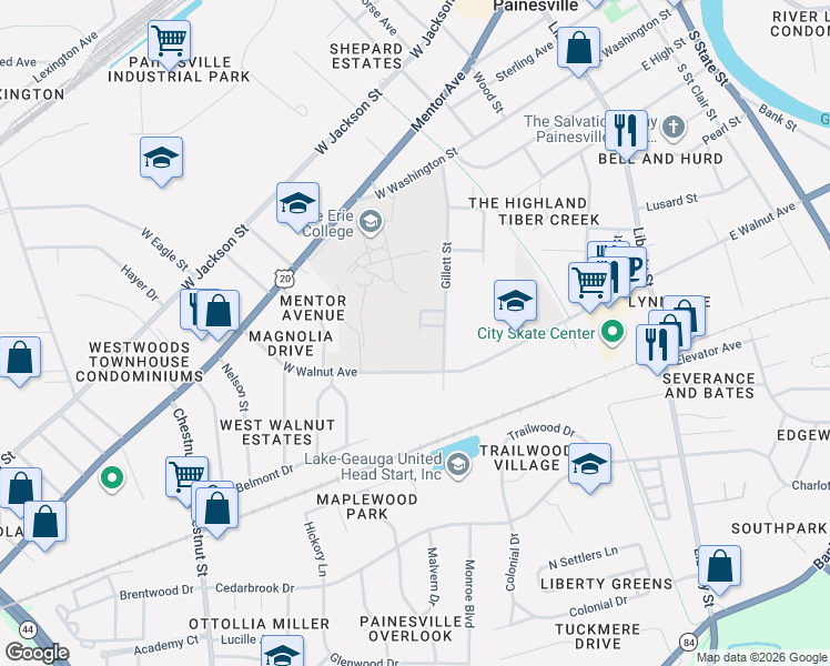 map of restaurants, bars, coffee shops, grocery stores, and more near 242 Luary Dr in Painesville
