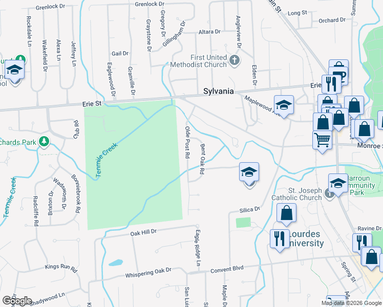 map of restaurants, bars, coffee shops, grocery stores, and more near 5608 Olde Post Road in Sylvania