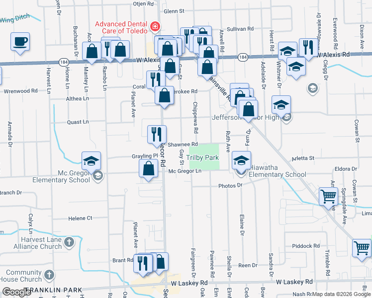 map of restaurants, bars, coffee shops, grocery stores, and more near 5450 Gay St in Toledo