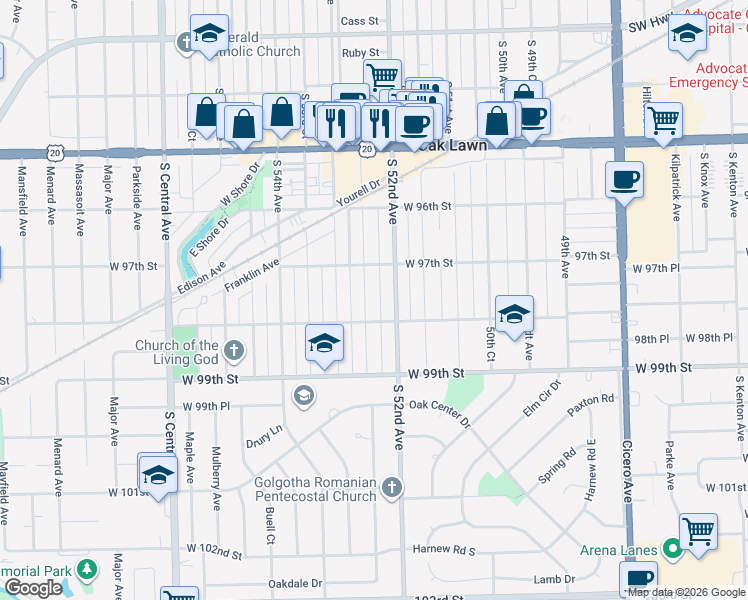 map of restaurants, bars, coffee shops, grocery stores, and more near 9735 Cook Avenue in Oak Lawn
