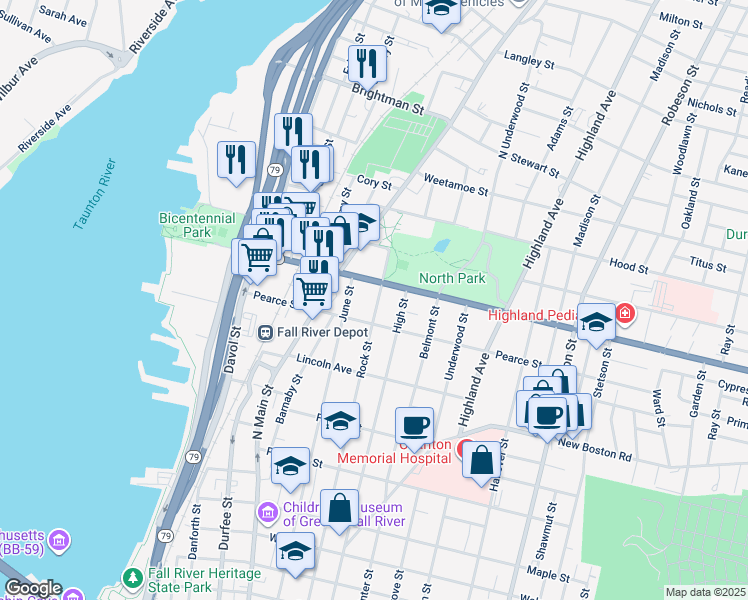 map of restaurants, bars, coffee shops, grocery stores, and more near 996 Rock Street in Fall River