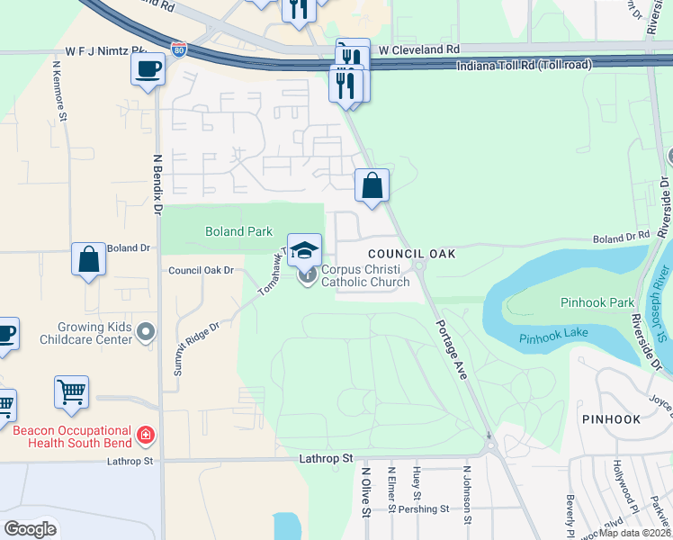 map of restaurants, bars, coffee shops, grocery stores, and more near 2800 Corpus Christi Drive in South Bend