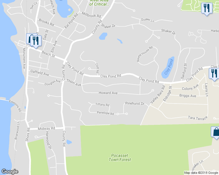map of restaurants, bars, coffee shops, grocery stores, and more near 42 Thom Avenue in Bourne