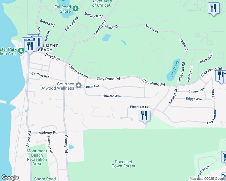 map of restaurants, bars, coffee shops, grocery stores, and more near 42 Thom Avenue in Bourne