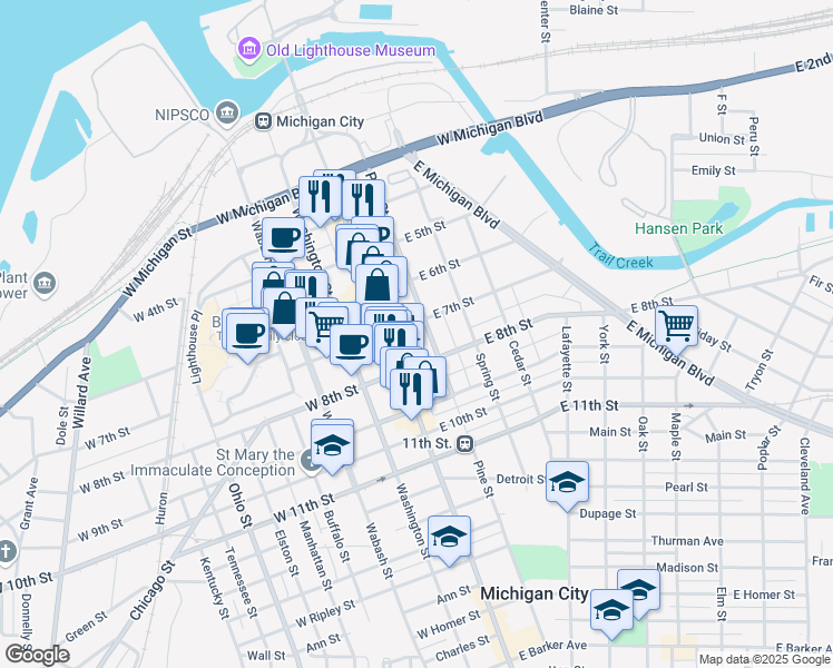 map of restaurants, bars, coffee shops, grocery stores, and more near 121 East 7th Street in Michigan City